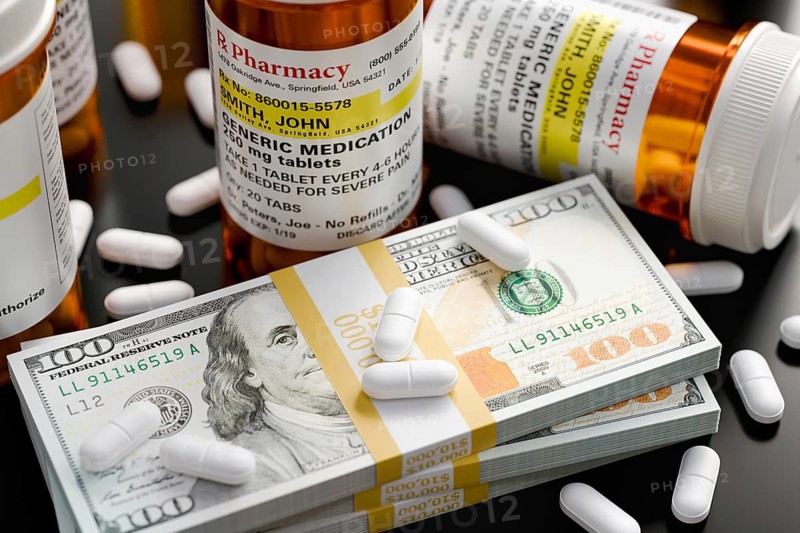 Prescription medicine bottles and pills next to stacks of 100 dollar bills