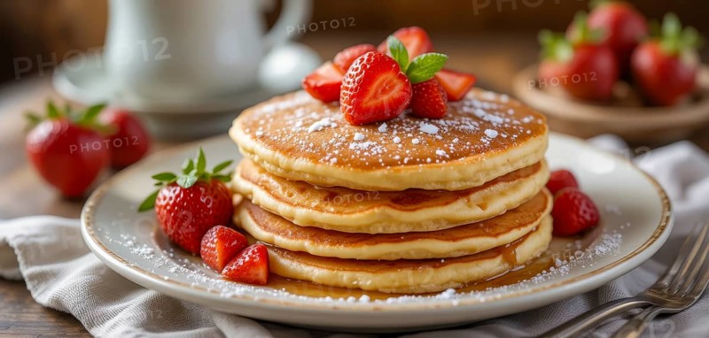 A mouthwatering stack of golden pancakes is adorned with juicy strawberries and a dusting of powdered sugar, perfect for breakfast, AI generated
