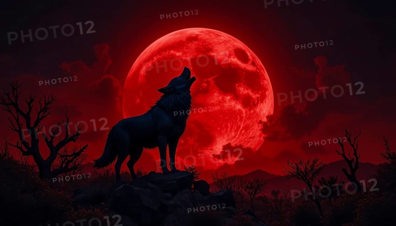 A lone wolf stands silhouetted against a vibrant red moon, howling in a dramatic and surreal landscape. The scene evokes a sense of mystery and fantasy, AI generated