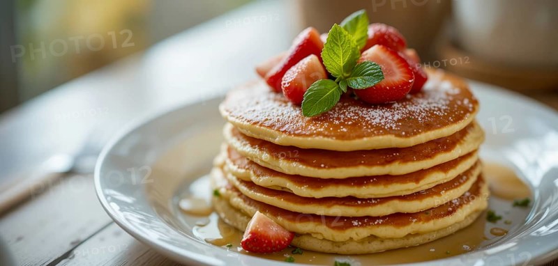 A delicious stack of pancakes is beautifully presented with fresh strawberries, mint leaves, and powdered sugar, ready to be enjoyed, AI generated