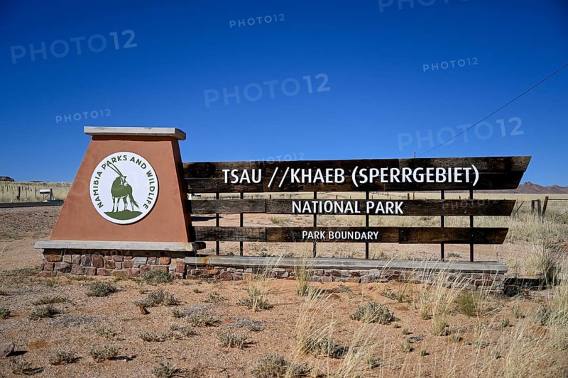 Sign at the entrance to Tsau//Khaeb National Park, diamond restricted area, near Aus, Karas Region, Namibia