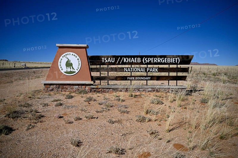 Sign at the entrance to Tsau//Khaeb National Park, diamond restricted area, near Aus, Karas Region, Namibia