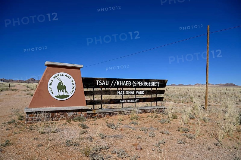 Sign at the entrance to Tsau//Khaeb National Park, diamond restricted area, near Aus, Karas Region, Namibia