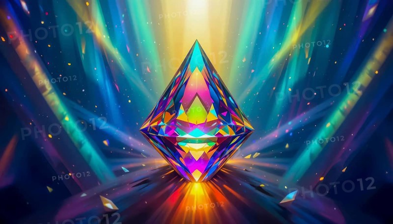 A stunning, radiant diamond is the focal point, surrounded by a mesmerizing display of colorful light beams and particles, AI generated