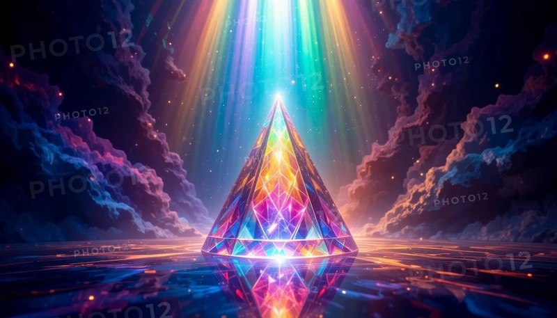 A vibrant, geometric pyramid glows with internal light, surrounded by colorful clouds and beams of radiant light in a surreal landscape, AI generated