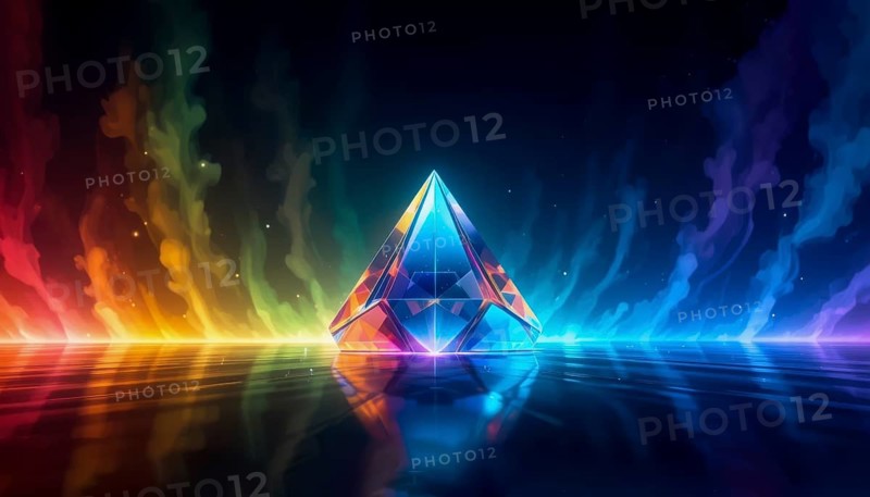 A vibrant, abstract artwork featuring a crystal pyramid reflecting colorful light, creating a mesmerizing and ethereal atmosphere, AI generated