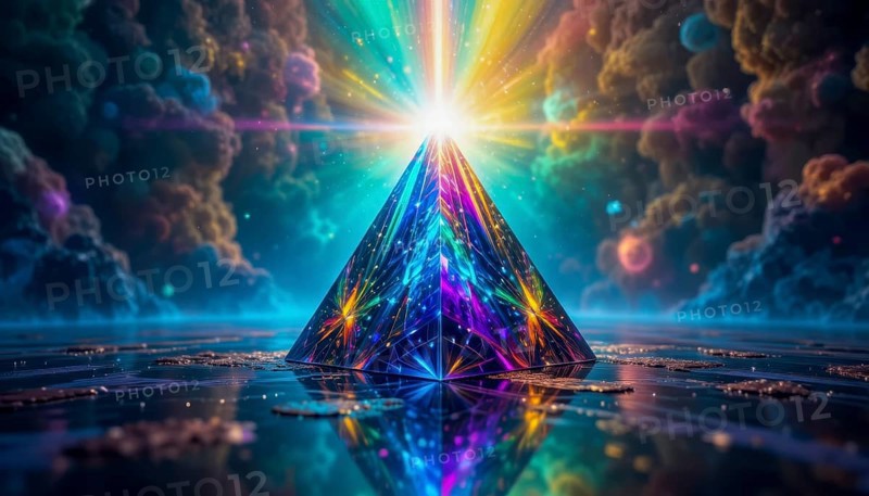 A vibrant, glowing pyramid radiates light in a surreal, colorful landscape with celestial clouds and a reflective surface, AI generated