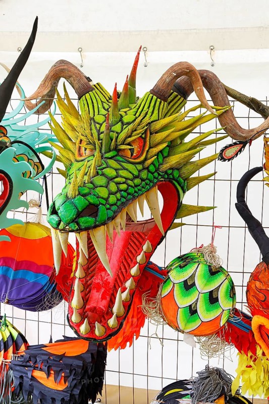 Kite festival, international kite festival, exhibition tent with Asian-style kite head, Dieppe, Normandy, France