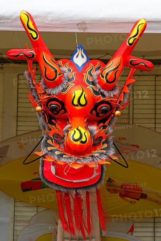 Kite festival, international kite festival, exhibition tent with Asian-style kite head, Dieppe, Normandy, France