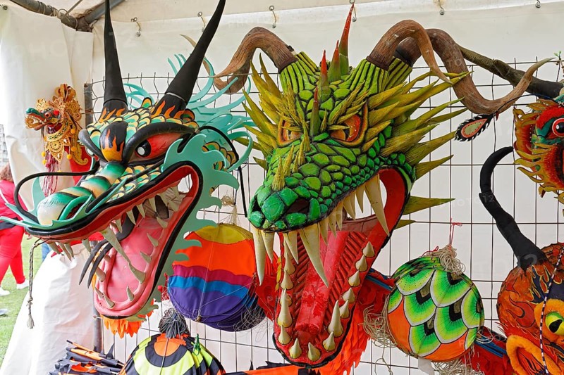 Kite festival, international kite festival, exhibition tent with Asian-style kite heads, Dieppe, Normandy, France