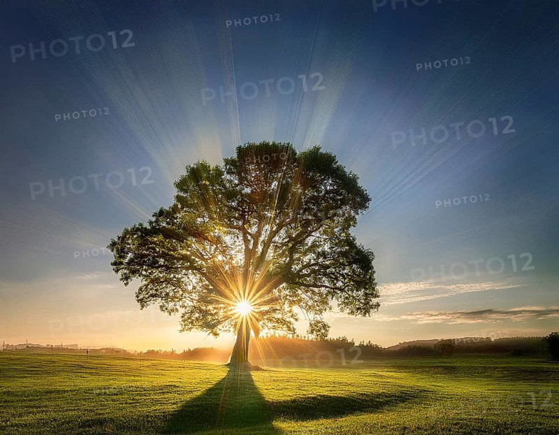An awe-inspiring scene showcasing the sun's rays bursting through a solitary tree, illuminating a tranquil green meadow against a dramatic morning sky. A symbol of peace, life, and scenic nature, AI generated