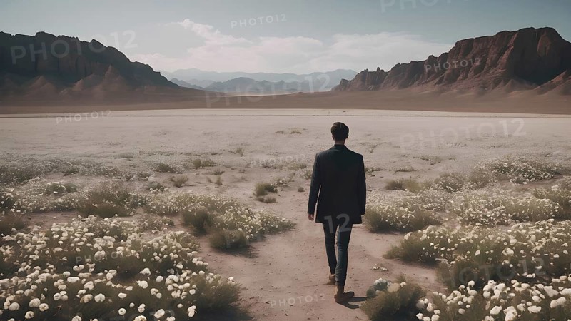 Man standing on dry cracked clay crust in desolate desert. Climate change and global warming. AI generated image