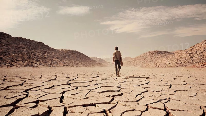 Man standing on dry cracked clay crust in desolate desert. Climate change and global warming. AI generated image