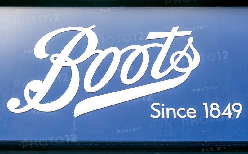Close up of Boots chemists shop logo, Devizes, Wiltshire, England, UK trading since 1849