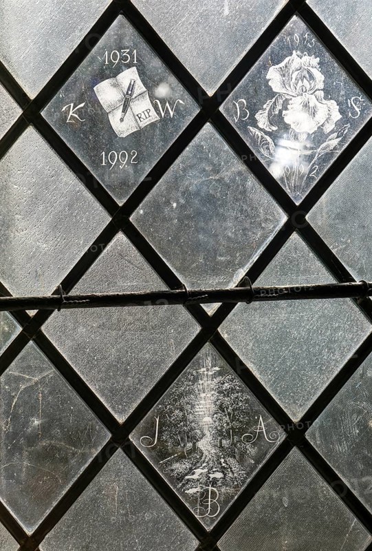 Glass engraved memorial panes, St Mary's church, Alton Barnes, Wiltshire, England, UK designed by Laurence and Simon Whistler