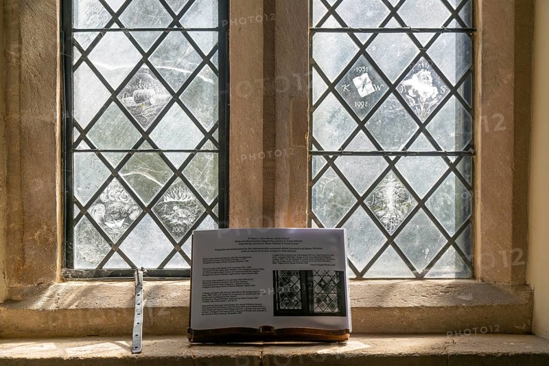 Glass engraved memorial panes, St Mary's church, Alton Barnes, Wiltshire, England, UK designed by Laurence and Simon Whistler