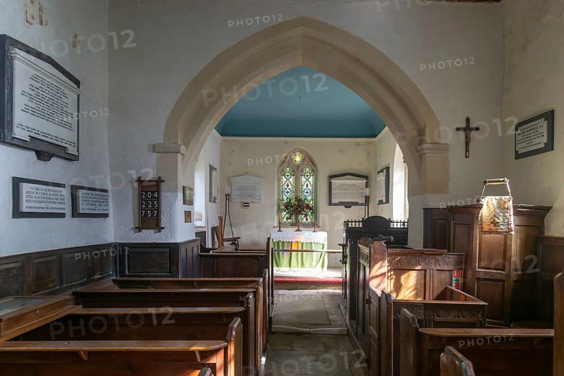 Interior of St Mary's church, Alton Barnes, Vale of Pewsey, Wiltshire, England, UK view from nave to altar