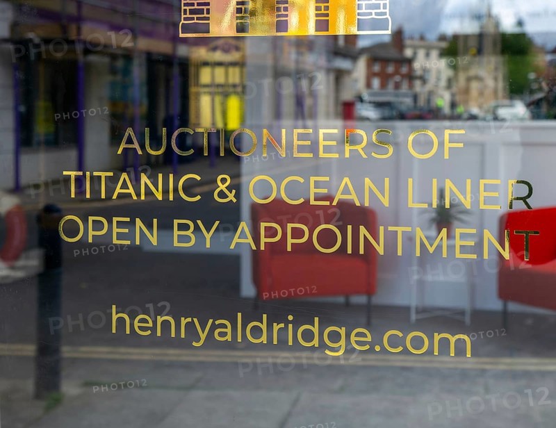 Sign on glass entrance door Henry Aldridge auctioneers of Titanic and Ocean Liner memorabilia, Devizes, Wiltshire, England, UK - Open by Appointment
