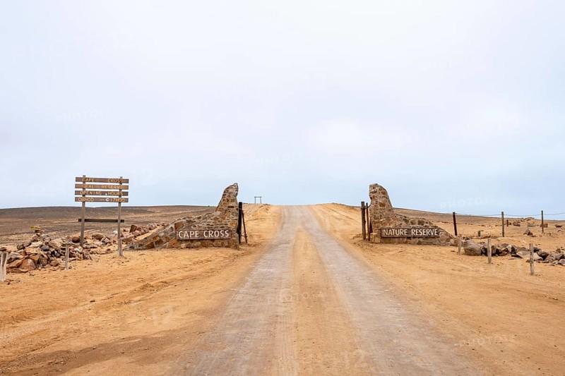 Entrance gate of Cape Cross Seal Reserve, Namibia - 29 August, 2025: leading to the famous Cape fur seal colony on the Skeleton Coast