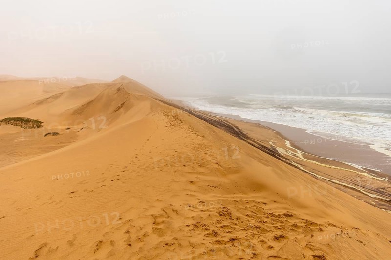 Golden dunes and the Atlantic Ocean near Namib-Naukluft Park, Namibia. A lagoon and shoreline fade into misty, cloudy weather, creating a dramatic desert-sea landscape