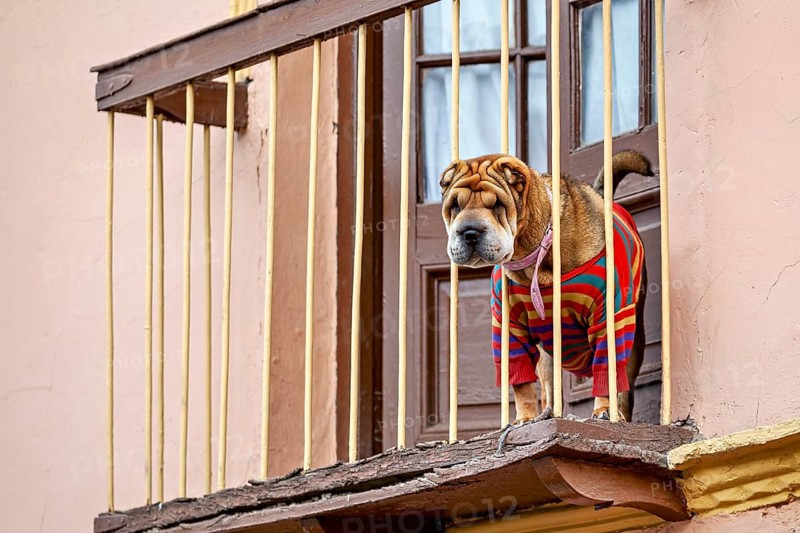A Shar-Pei in a striped jumper on a balcony above the window observes the surroundings, A Shar-Pei dog looks from a balcony