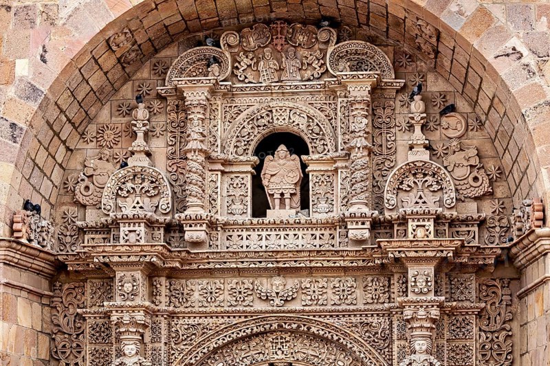 Detailed stone decorations and reliefs on a historic building, The churches of the city of Potosi in Bolivia