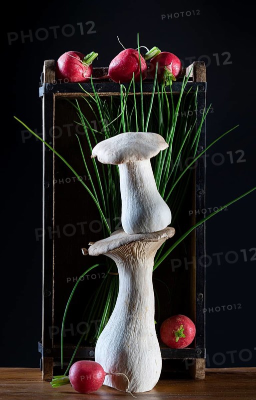 oyster mushrooms with radishes and chives on a wooden crate against a dark background