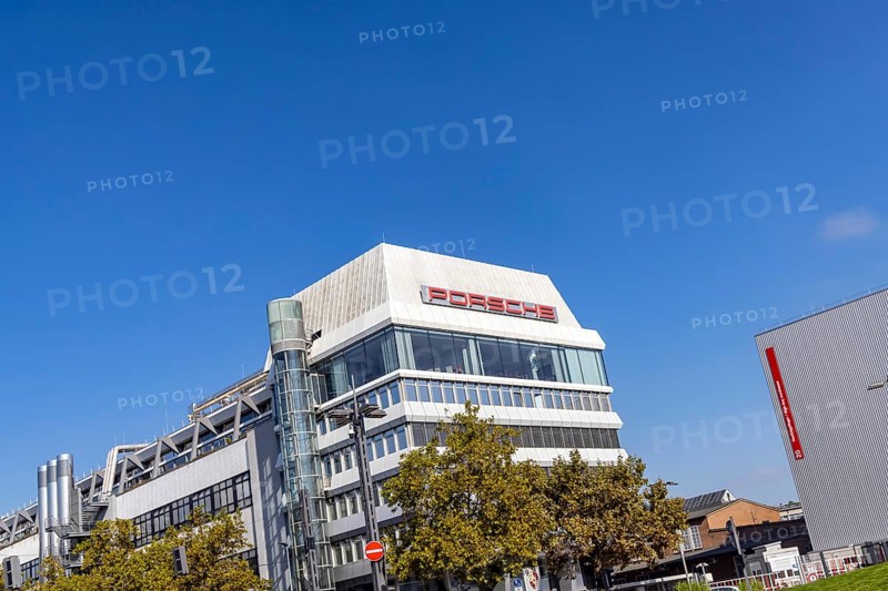 Porscheplatz in Stuttgart Zuffenhausen. Porsche headquarters with company logo. Stuttgart, Baden-Württemberg, Germany