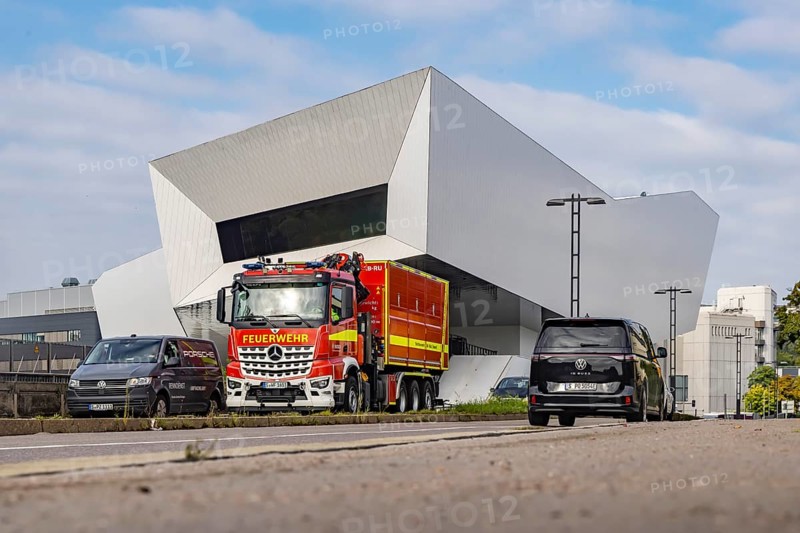 Porsche Museum Stuttgart, rear view. Vehicle of the Bosch plant fire brigade. Stuttgart, Baden-Württemberg, Germany