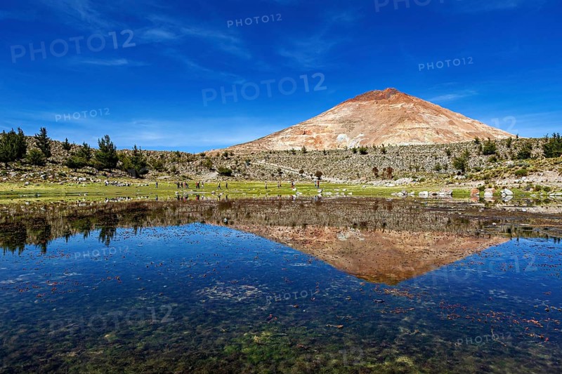 Volcanic mountain reflected in the calm waters of the lake under a clear blue sky, surrounded by green meadows, The silver mountain Cerro Rico near Potosi Bolivia