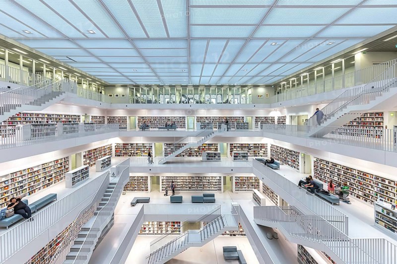 Stuttgart City Library at Mailänder Platz, interior view. Europaviertel Stuttgart. Stuttgart, Baden-Württemberg, Germany