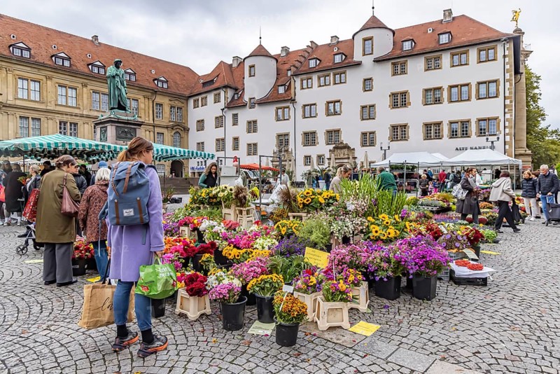 Weekly market in the city centre of Stuttgart. Schillerplatz. Stuttgart, Baden-Württemberg, Germany