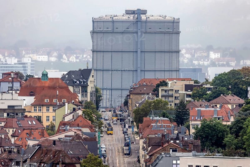 City view of Stuttgart. Hackstraße with gas boiler. and light rail vehicles of the SSB. Stuttgart, Baden-Württemberg, Germany