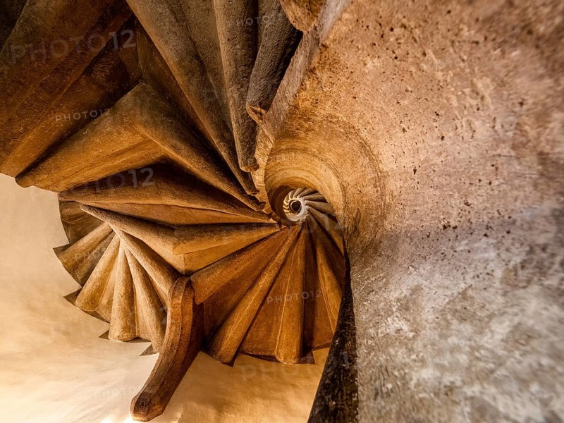 Graz, spiral staircase, double spiral staircase, stone, asymmetrical, abstract, pattern, lines, vanishing point
