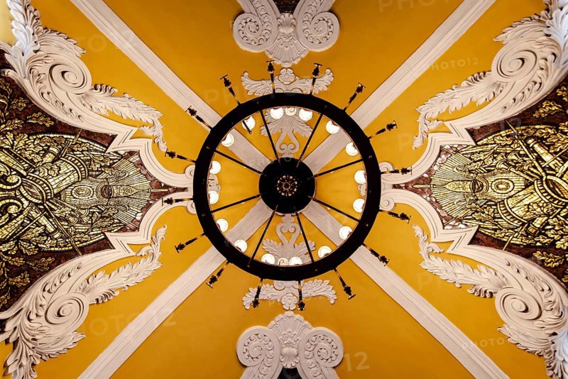 Moscow, underground, ceiling, palace, chandelier, art, symmetry, architecture, tsarist era