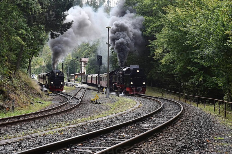 Double run, parallel run, double exit of two steam locomotives of the Harz narrow-gauge railway, Saxony-Anhalt, Germany