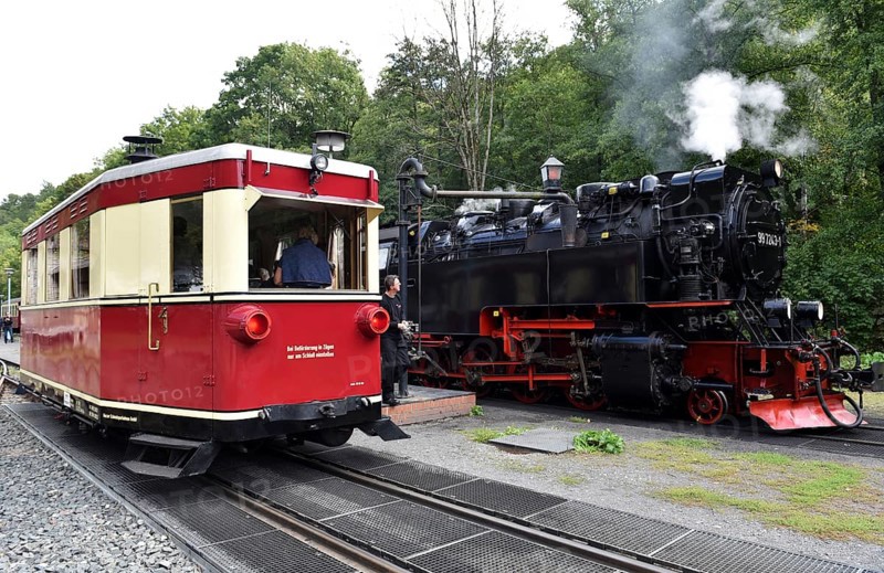 Rail bus, railcar T1 and steam locomotive of the Harz narrow-gauge railway at Alexisbad station, Saxony-Anhalt, Germany