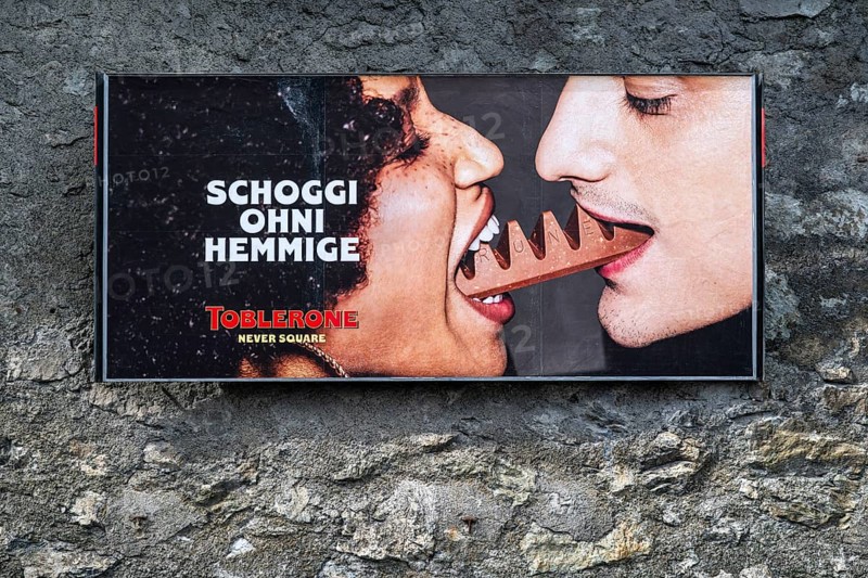 Toblerone Schoggi ohni Hemmige advertising poster, Arosa, Graubünden, Switzerland