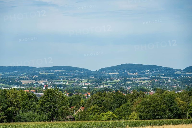 A panoramic city view with hills and trees on the horizon, Bielefeld, Westphalia, North Rhine-Westphalia