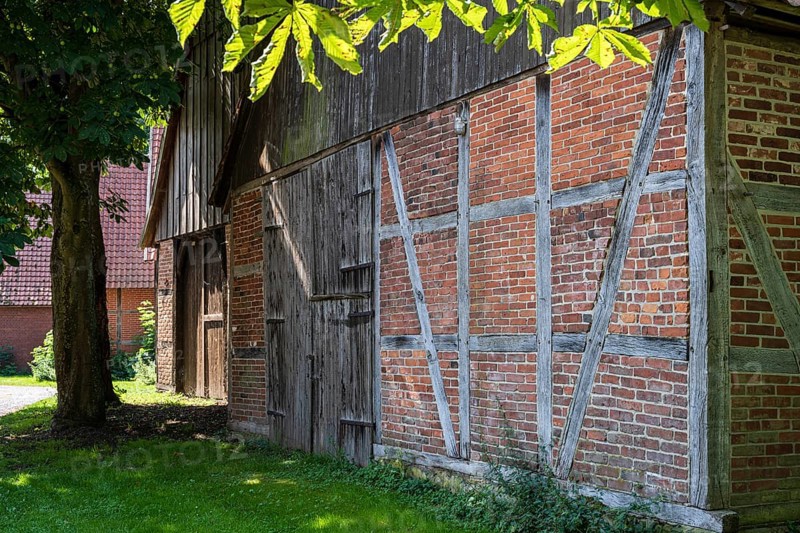 Front of a half-timbered house with wood and bricks, shaded by deciduous trees, Weser cycle path, Schlüsselburg barn quarter, Petershagen, North Rhine-Westphalia