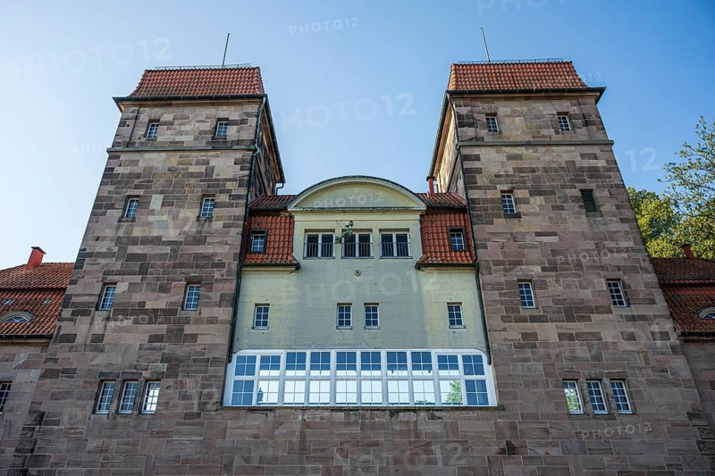 Shaft lock with two towers, red roofs and numerous windows, Minden waterway junction, Minden-Lübbecke, North Rhine-Westphalia