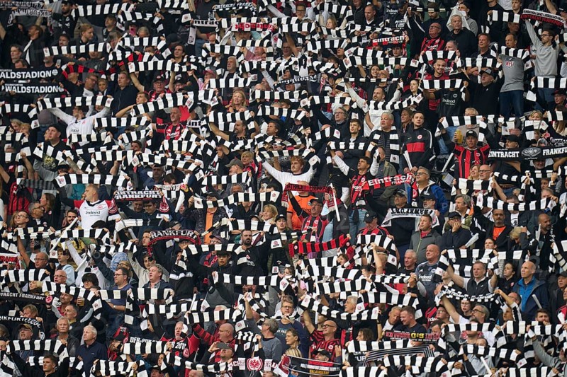 Football Bundeliga Eintracht Frankfurt-Union Berlin.fans of Eintracht Frankfurt show their scarves