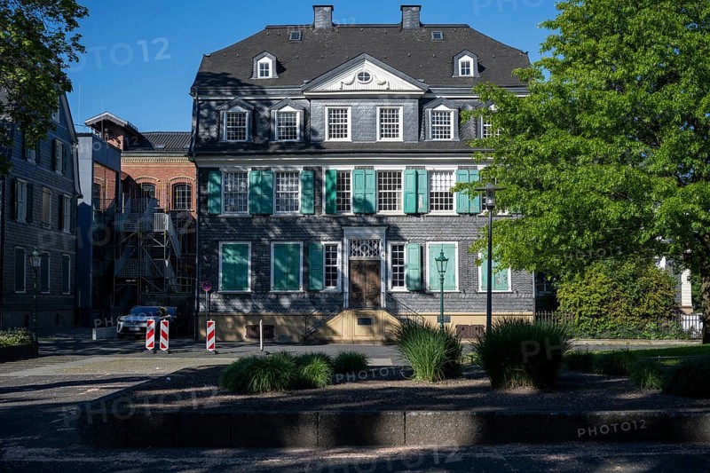 Large historic building with green shutters and surrounding trees in the sunlight, Friedrich Engels Haus in Wuppertal Barmen