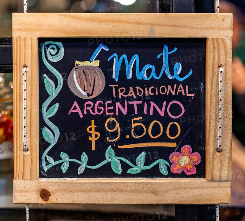 Advertising board for mate, market hall in San Telmo, Buenos Aires, capital of Argentina