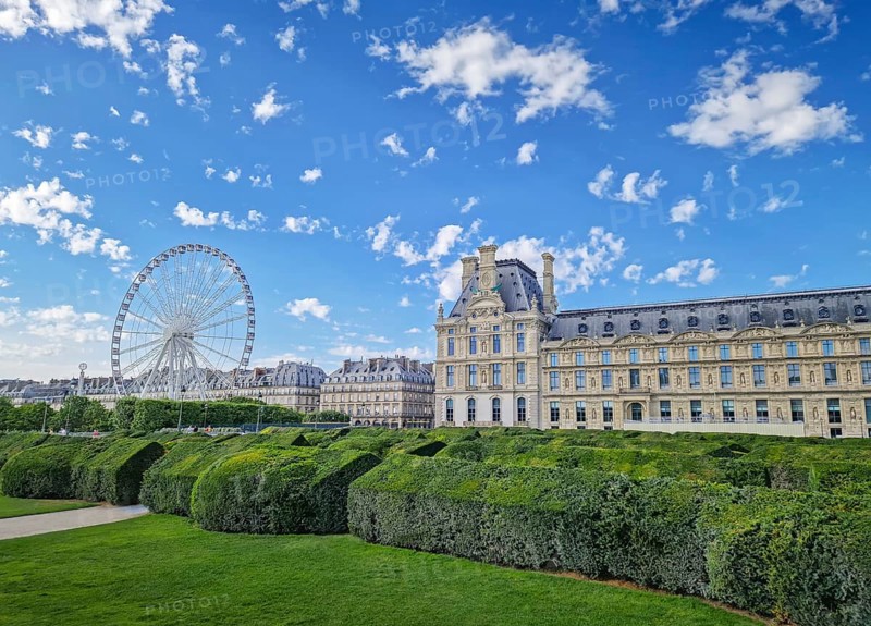 The Tuileries Garden with view to the Grande Roue in Paris, France. The famous Ferris wheel is visible on the left of the historic Louvre Palace