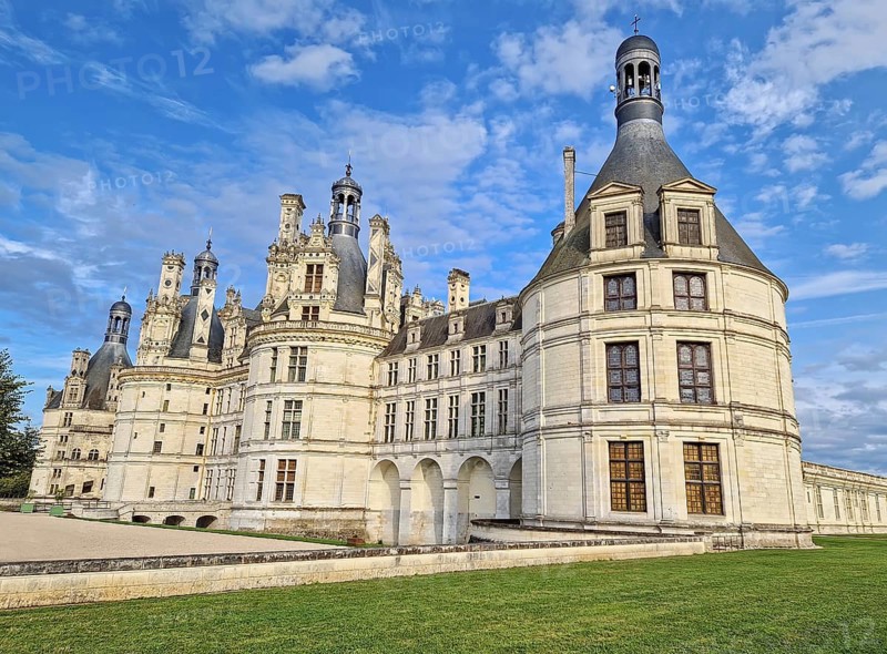 Chateau de Chambord architectural details. Majestic medieval castle in France. Iconic French Renaissance architecture palace