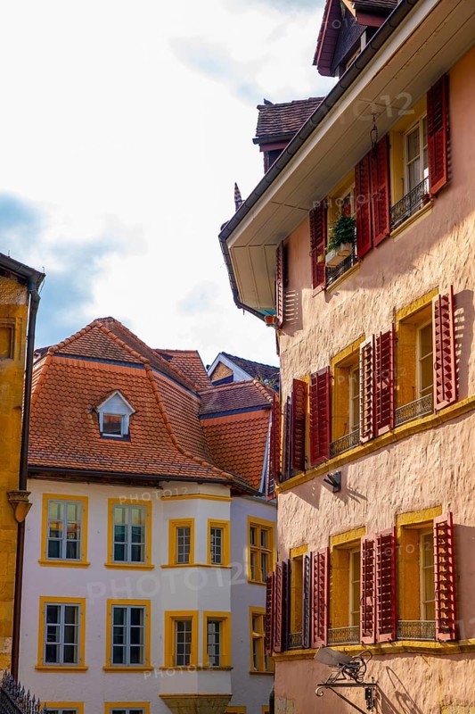 House with Window in a Sunny Autumn Day in City of Biel, Bienne, Bern Canton, Switzerland