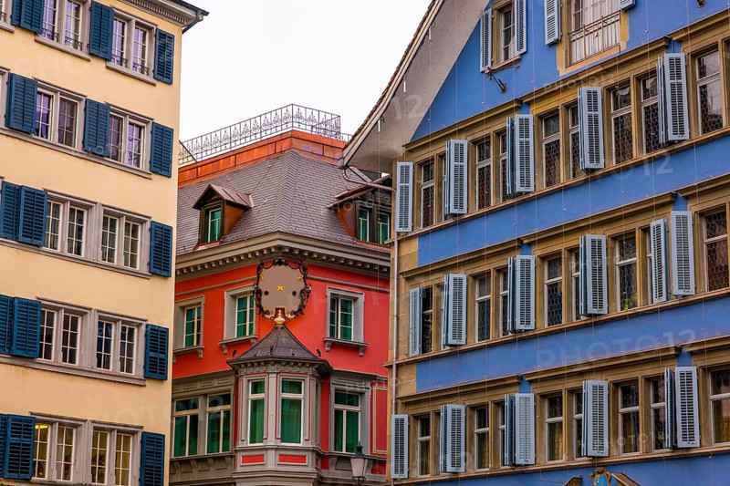 City Street with House and Window with Shutter in Zurich, Zurich Canton, Switzerland