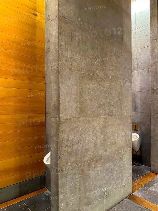 Luxury Men Urinal Bathroom with Wood and Stone Wall in Switzerland