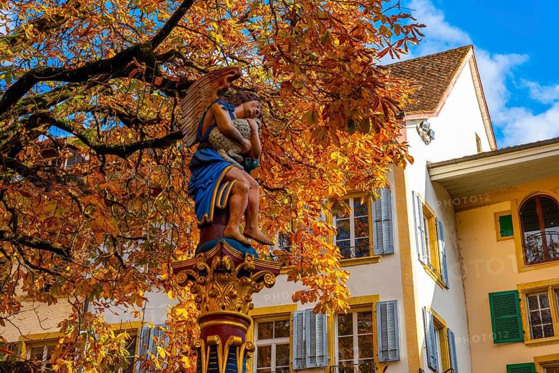 Beautiful Old Town with a Tree and Statue in a Sunny Day in Autumn in Biel, Bienne, Bern Canton, Switzerland